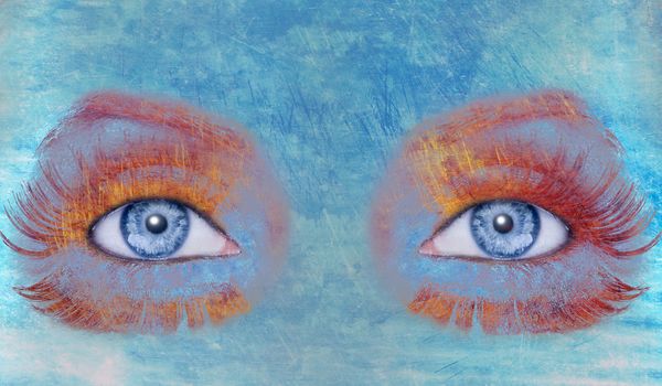 abstract blue woman eyes makeup with a grunge painted wall texture