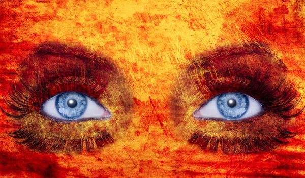 abstract blue eyes makeup woman texture red yellow fire colors