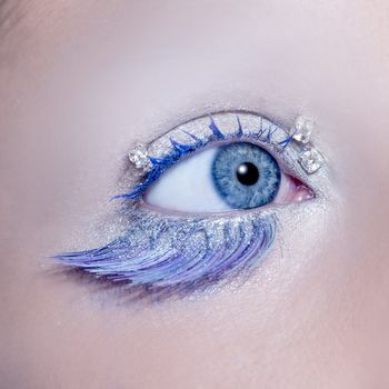 Blue eye macro closeup winter makeup jewels diamonds silver eyeshadow feather eyelashes