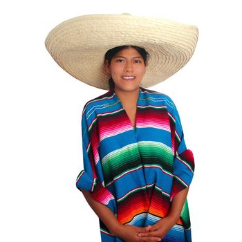 Latin mexican hispanic sombrero poncho woman isolated on white