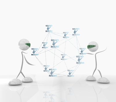 3D graphic cyber data protection network network with two modern robots 