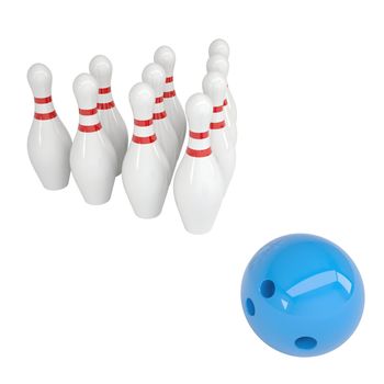 Blue ball and skittles for bowling. Isolated render on a white background