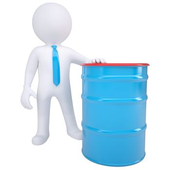 3d white man and a blue barrel. Isolated render on a white background