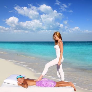 back walking shiatsu massage Caribbean beach woman paradise landscape