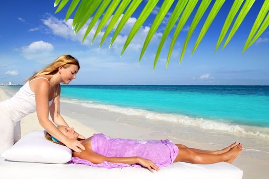 Mayan reiki massage in Caribbean beach woman vacation therapy