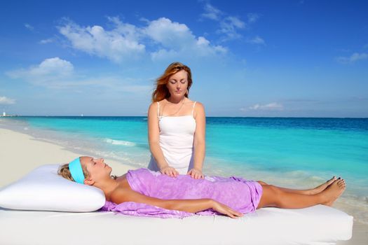 Mayan reiki massage in Caribbean beach woman vacation therapy