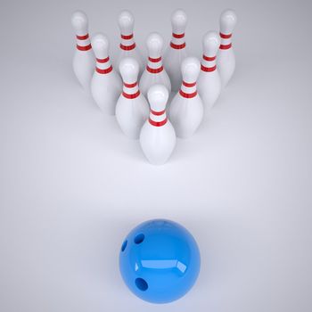 Blue ball and skittles for bowling. Render on a gray background