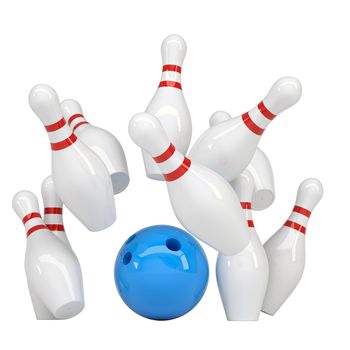 Blue ball knocks down pins for bowling. Isolated render on a white background