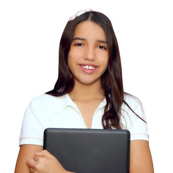 brunette teen student indian latin holding laptop isolated on white
