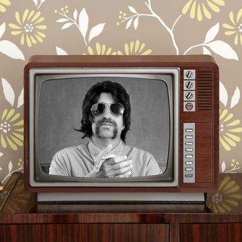 geek mustache tv presenter in retro wood television vintage wallpaper