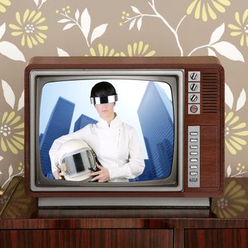 futuristic and retro contrast in vintage tv future space woman