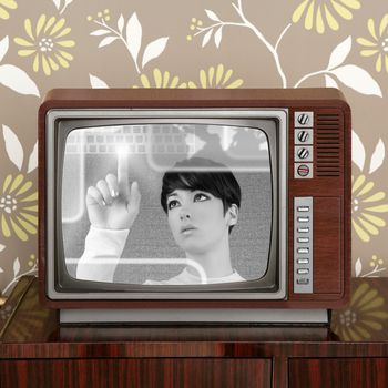 futuristic and retro contrast in vintage tv screen appear a futuristic woman