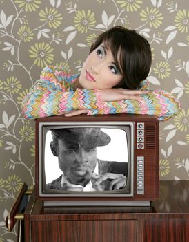 retro woman in love with tv african hero vintage 60s wallpaper