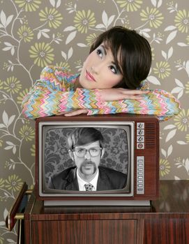 retro woman in love with tv nerd mustache hero vintage 60s wallpaper