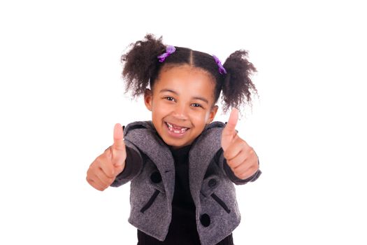 young african girl without teeth on white background