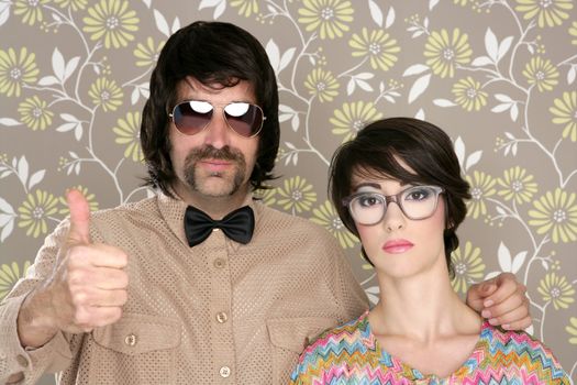 nerd silly couple tacky retro 60s man woman ok hand sign floral wallpaper