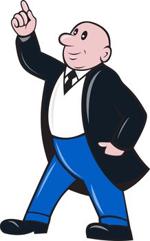 illustration of a bald businessman pointing upwards done in cartoon style on isolated background