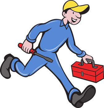 illustration of an electrician tradesman handyman mechanic walking with screwdriver and tool box done in cartoon style.
