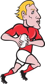 illustration of a rugby player running with ball done in cartoon style on isolated background.
