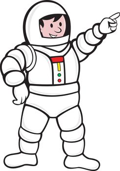 illustration of an astronaut standing and pointing facing front done in cartoon style.
