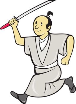 illustration of a Japanese samurai warrior with sword done in cartoon style on isolated white background.
