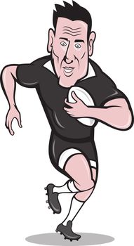 illustration of a rugby player running with ball done in cartoon style on isolated background.
