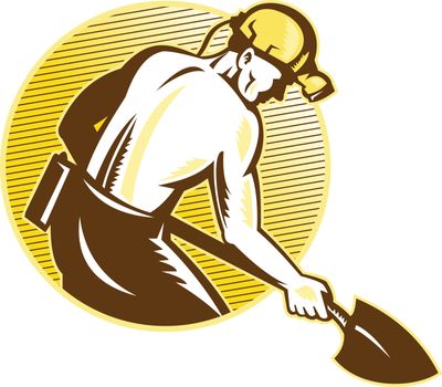 illustration of a coal miner working with shovel viewed from the side set inside circle on isolated white background done in retro woodcut style.

