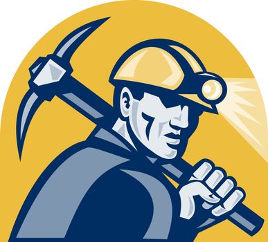 illustration of a coal miner working with pickaxe viewed from the side looking front isolated white background done in retro woodcut style.
