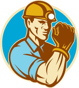 illustration of a coal miner with clenched fist viewed from the front set inside circle done in retro style on isolated background.
