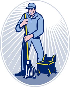 illustration of a cleaner janitor cleaning floor with mop viewed from front set inside ellipse done in retro woodcut style.
