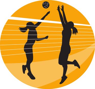 Illustration of a female volleyball player spiking hitting ball with other player blocking on isolated background.
