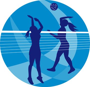 Illustration of a female volleyball player spiking hitting ball with other player blocking on isolated background.
