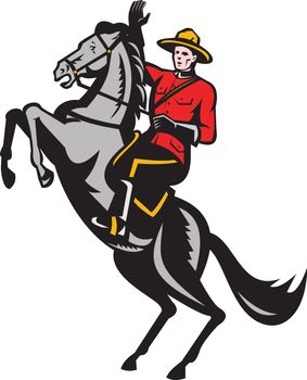 Illustration of a Canadian Mounted Police Mountie riding a prancing horse on isolated white background done in retro woodcut style.

