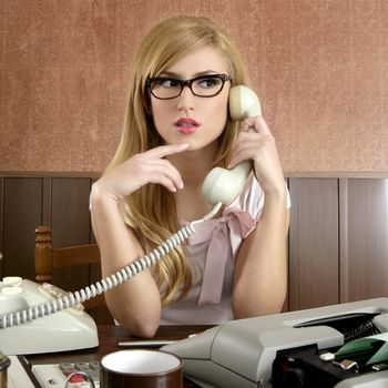 beautiful retro businesswoman vintage secretary wooden office and glasses talking telephone