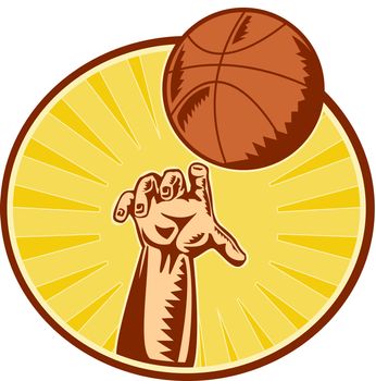 illustration of a hand catching ,throwing and rebounding basketball ball done in retro woodcut style set inside circle with sunburst in background.

