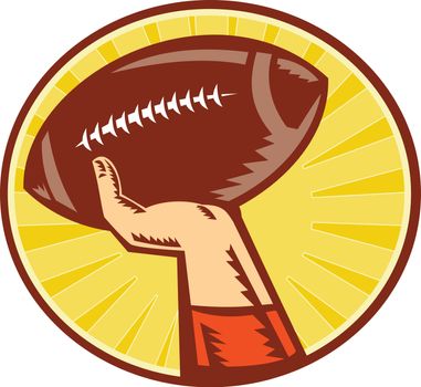 Illustration of a hand catching ,throwing American Football ball done in retro woodcut style set inside circle with sunburst in background.
