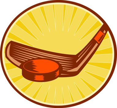 illustration of an ice hockey stick hitting a puck set inside circle with sunburst in background done in retro style
