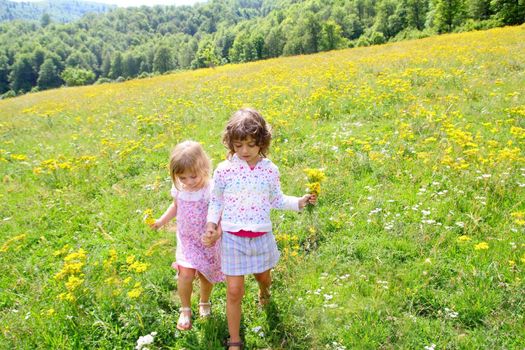 sister girls in meadow playing with spring flowers outdoor