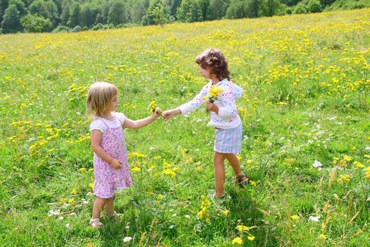 sister girls in meadow playing with spring flowers outdoor
