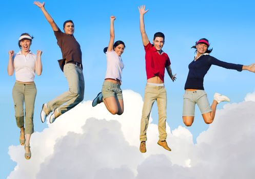 Jumping young people happy group flying in sky clouds