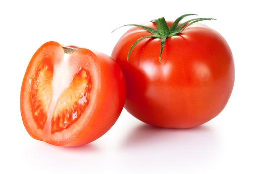 Red tomato vegetable on white background. Macro shot composition