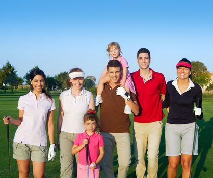 Golf course group of friends people with children posing standing