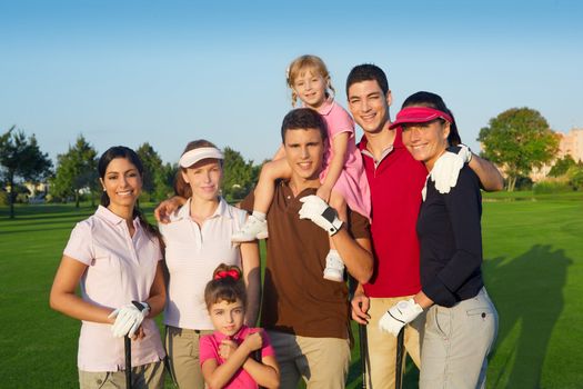 Golf course group of friends people with children posing standing