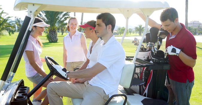 Golf course young team people group buggy green grass field