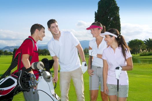 Golf course people group young players team grass field