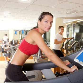 Gym treadmill running young woman interior monitor screen