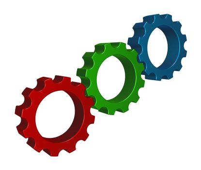 gear wheels in rgb colors on white background - 3d illustration