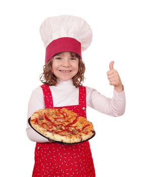 happy little girl cook with pizza