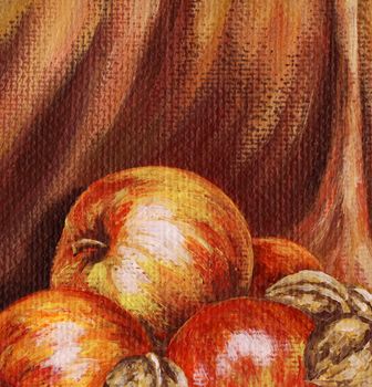Picture, apples and nuts on the background of red cloth. Hand draw painting, oil paints on a canvas.