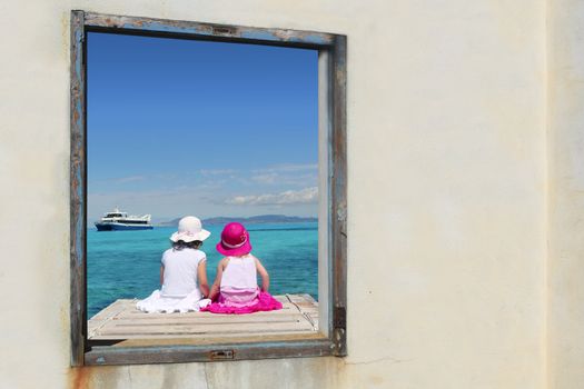 two sister girls view window sit tropical sea turquoise Formentera